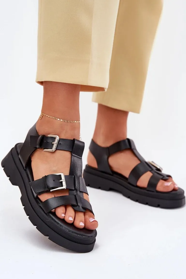 Eko Skórzane Sandały Damskie Z Klamrami Czarne Mireza