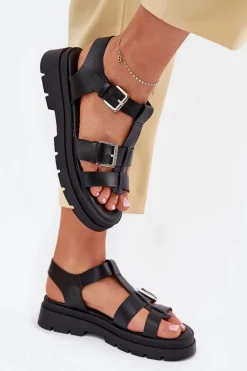 Eko Skórzane Sandały Damskie Z Klamrami Czarne Mireza