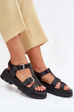 Eko Skórzane Sandały Damskie Z Klamrami Czarne Mireza