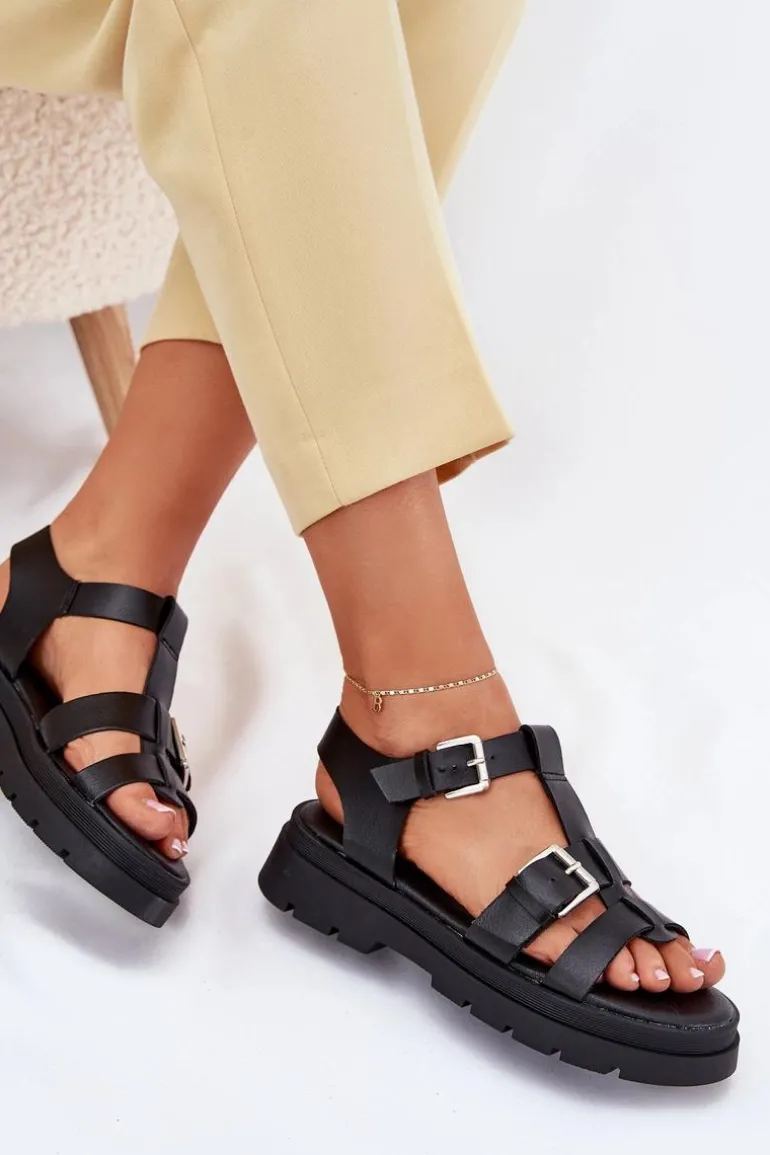 Eko Skórzane Sandały Damskie Z Klamrami Czarne Mireza