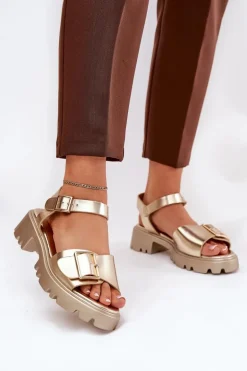 Eko Skórzane Sandały Damskie Z Klamrą Złote Gofielle