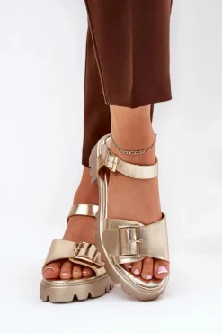 Eko Skórzane Sandały Damskie Z Klamrą Złote Gofielle