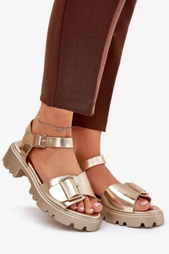Eko Skórzane Sandały Damskie Z Klamrą Złote Gofielle