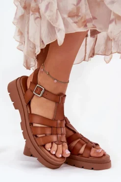 Eko Skórzane Sandały Damskie Na Platformie Camel Nendales