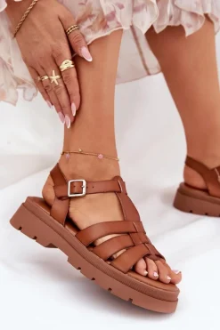 Eko Skórzane Sandały Damskie Na Platformie Camel Nendales