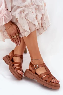 Eko Skórzane Sandały Damskie Na Platformie Camel Nendales