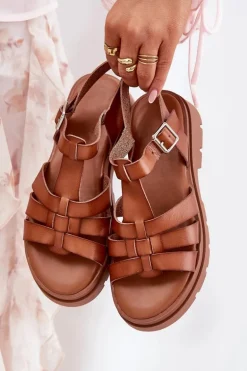 Eko Skórzane Sandały Damskie Na Platformie Camel Nendales