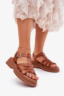 Eko Skórzane Sandały Damskie Na Platformie Camel Nendales