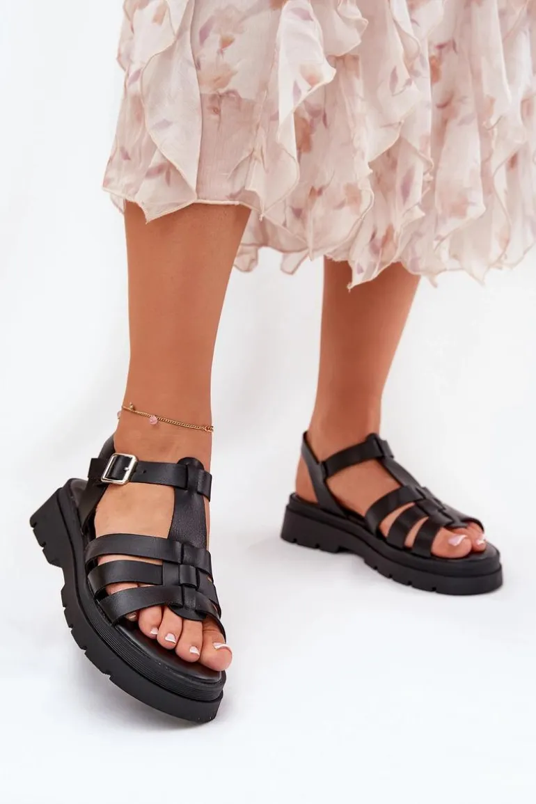 Eko Skórzane Sandały Damskie Na Platformie Czarne Nendales