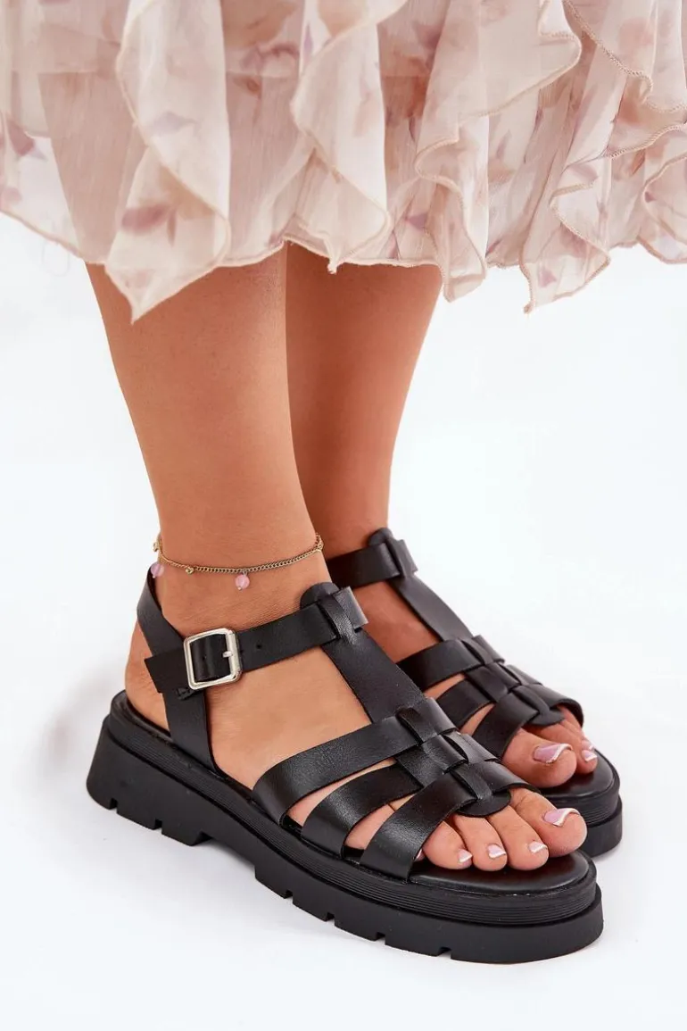 Eko Skórzane Sandały Damskie Na Platformie Czarne Nendales