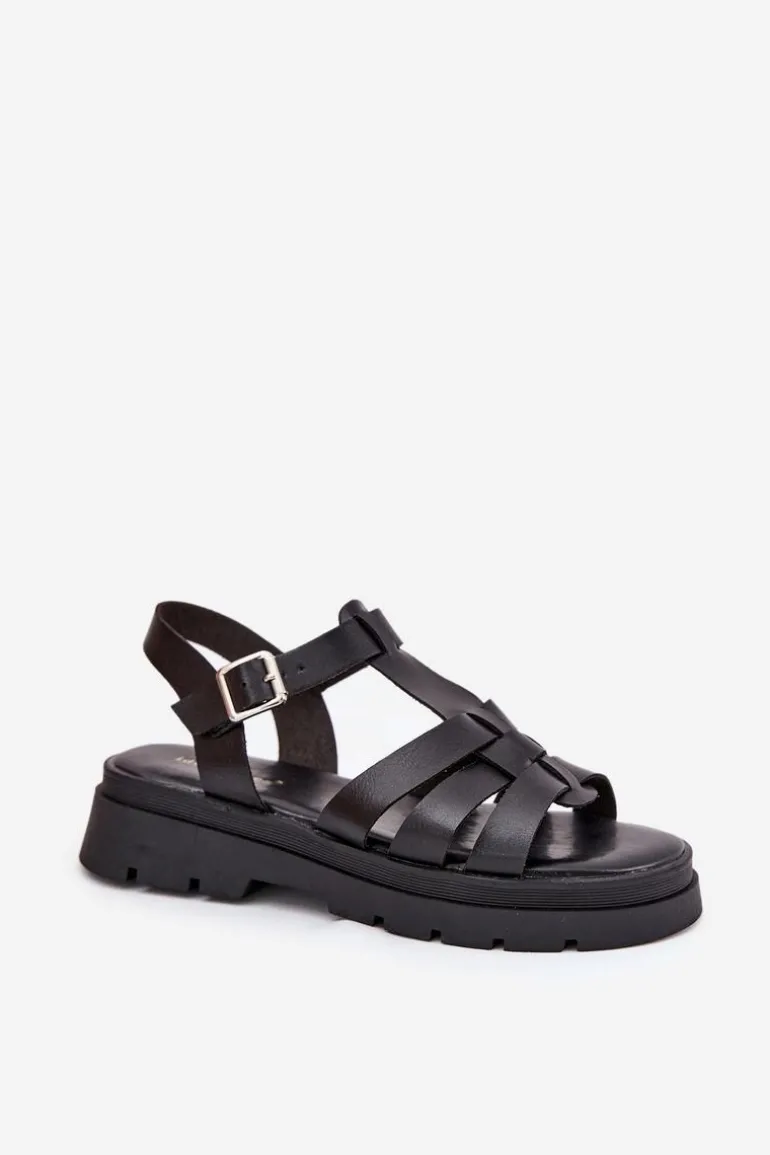 Eko Skórzane Sandały Damskie Na Platformie Czarne Nendales