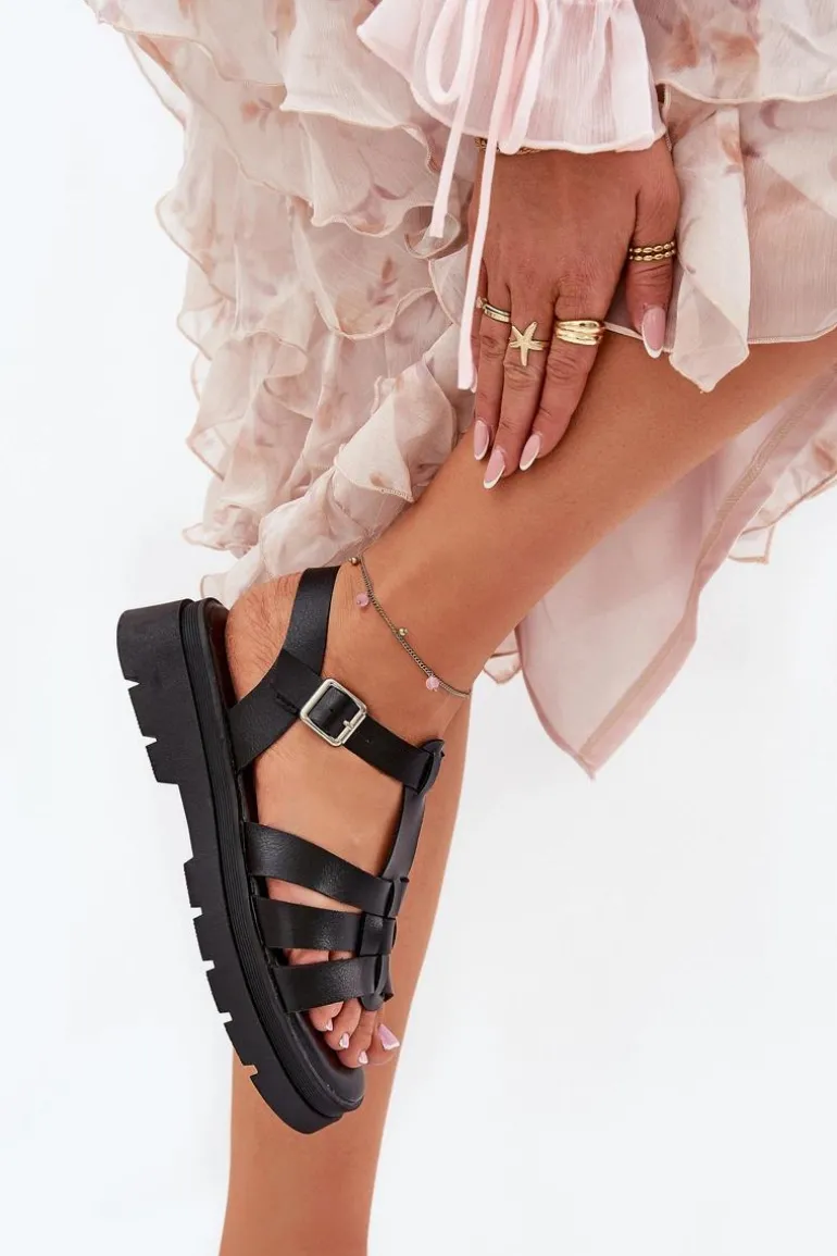 Eko Skórzane Sandały Damskie Na Platformie Czarne Nendales