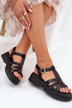 Eko Skórzane Sandały Damskie Na Platformie Czarne Nendales