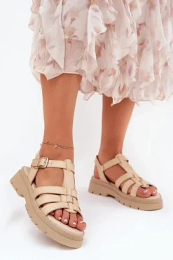 Eko Skórzane Sandały Damskie Na Platformie Beżowe Nendales