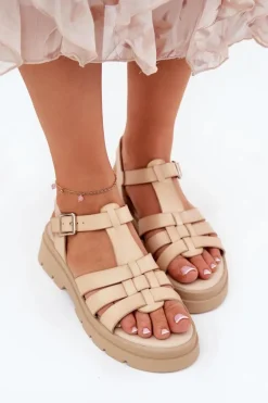 Eko Skórzane Sandały Damskie Na Platformie Beżowe Nendales