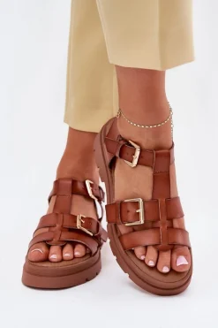 Eko Skórzane Sandały Damskie Z Klamrami Camel Mireza