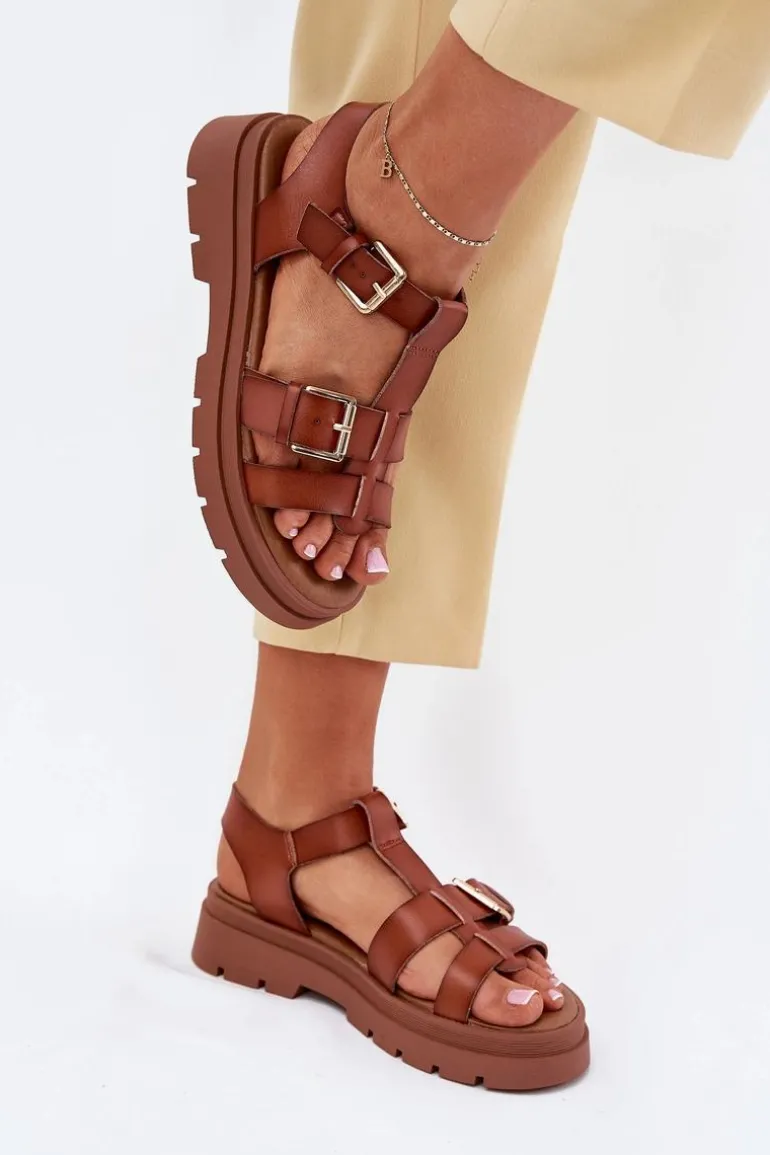 Eko Skórzane Sandały Damskie Z Klamrami Camel Mireza