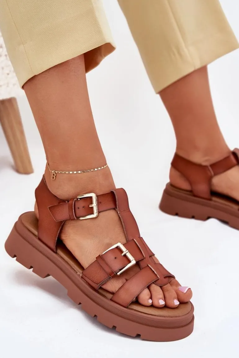 Eko Skórzane Sandały Damskie Z Klamrami Camel Mireza