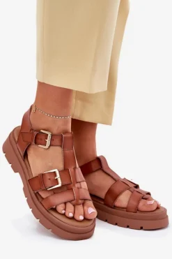 Eko Skórzane Sandały Damskie Z Klamrami Camel Mireza