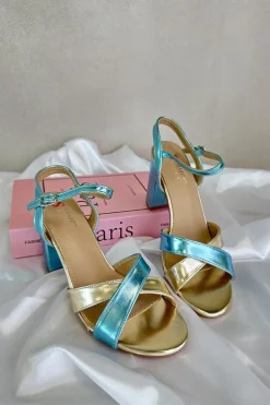 Eko Skórzane Sandały Na Obcasie Słupku Niebiesko-Złote Abilica