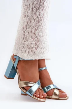 Eko Skórzane Sandały Na Obcasie Słupku Niebiesko-Złote Abilica