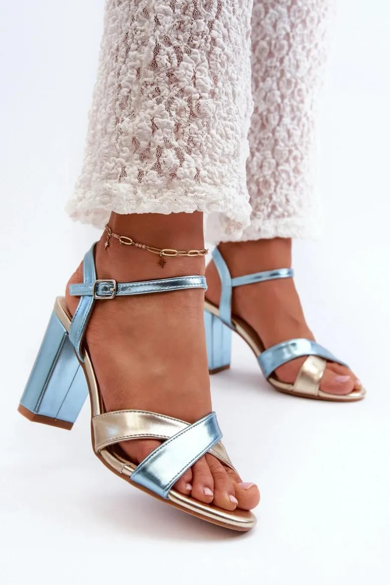 Eko Skórzane Sandały Na Obcasie Słupku Niebiesko-Złote Abilica