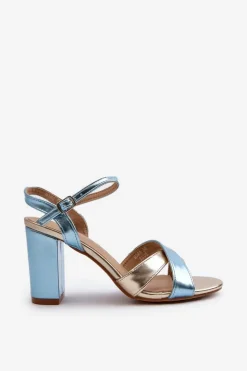 Eko Skórzane Sandały Na Obcasie Słupku Niebiesko-Złote Abilica