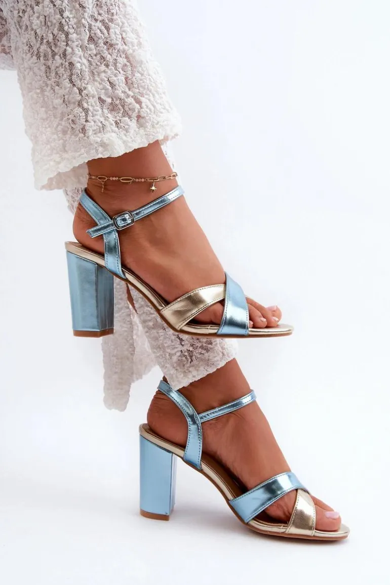 Eko Skórzane Sandały Na Obcasie Słupku Niebiesko-Złote Abilica