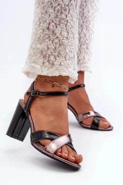 Eko Skórzane Sandały Na Obcasie Słupku Czarne Abilica