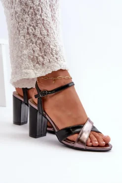 Eko Skórzane Sandały Na Obcasie Słupku Czarne Abilica