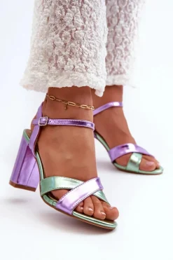 Eko Skórzane Sandały Na Obcasie Słupku Fioletowe Abilica