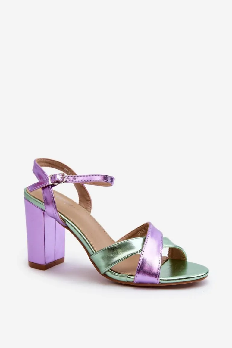 Eko Skórzane Sandały Na Obcasie Słupku Fioletowe Abilica