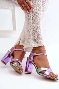 Eko Skórzane Sandały Na Obcasie Słupku Fioletowe Abilica