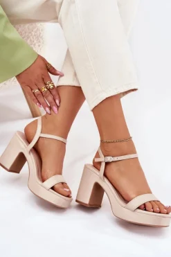 Eko Skórzane Sandały Na Słupku Beżowe Lillita