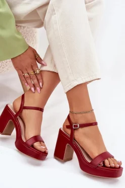 Eko Skórzane Sandały Na Słupku Bordowe Lillita