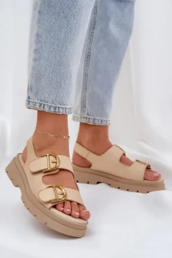 Eko Skórzane Sandały Z Klamrami Beżowe Vulinea