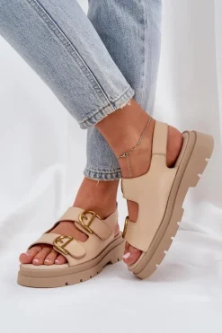 Eko Skórzane Sandały Z Klamrami Beżowe Vulinea