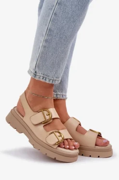 Eko Skórzane Sandały Z Klamrami Beżowe Vulinea
