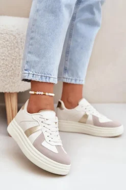 Eko Skórzane Sneakersy Damskie Na Platformie Beżowe Goriette