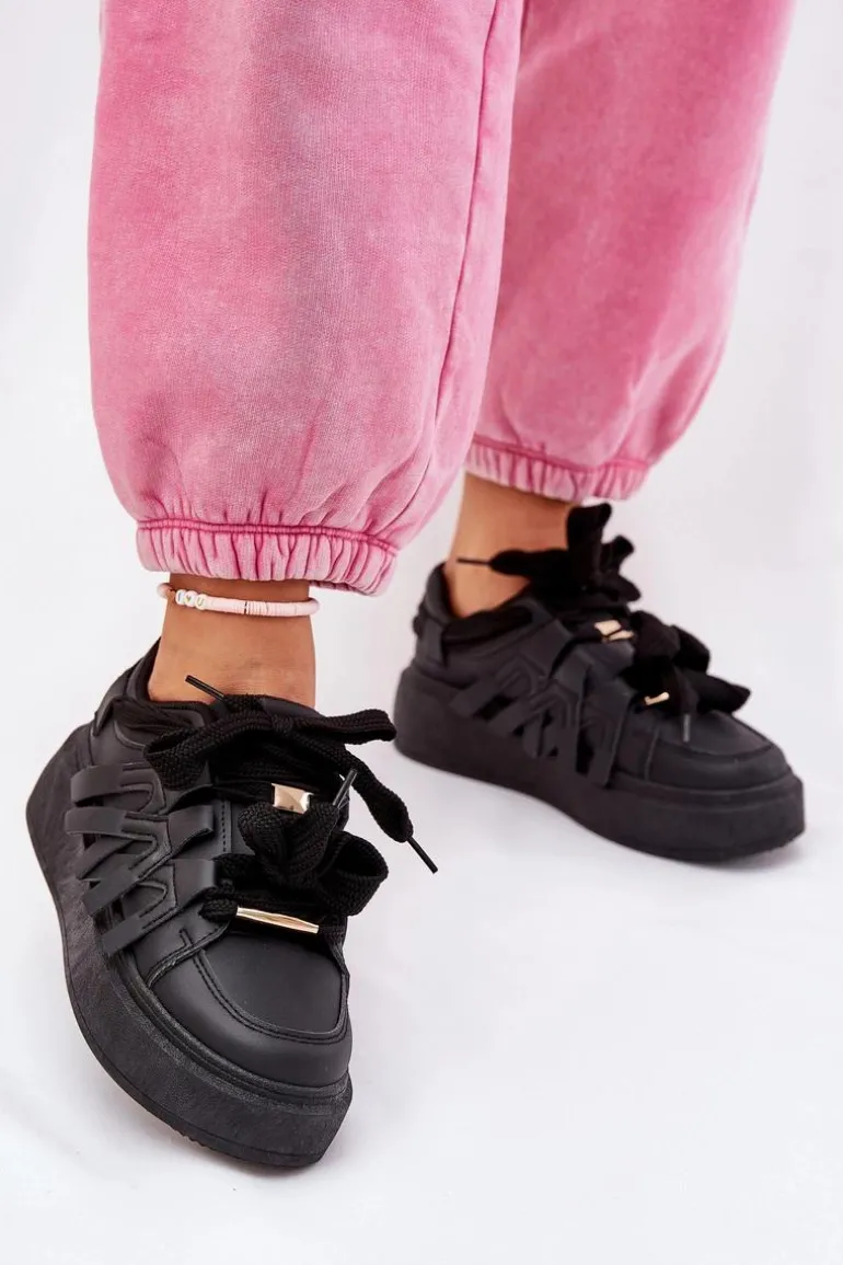 Eko Skórzane Sneakersy Na Platformie Czarne Penolle