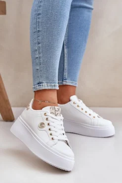 Eko Skórzane Sneakersy Na Platformie Ze Złotym Detalem Biało-Beżowe Zingie