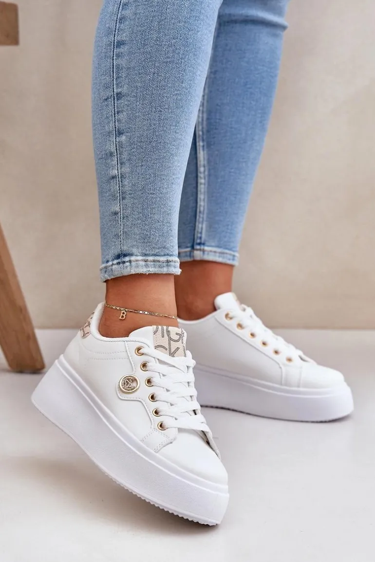 Eko Skórzane Sneakersy Na Platformie Ze Złotym Detalem Biało-Beżowe Zingie