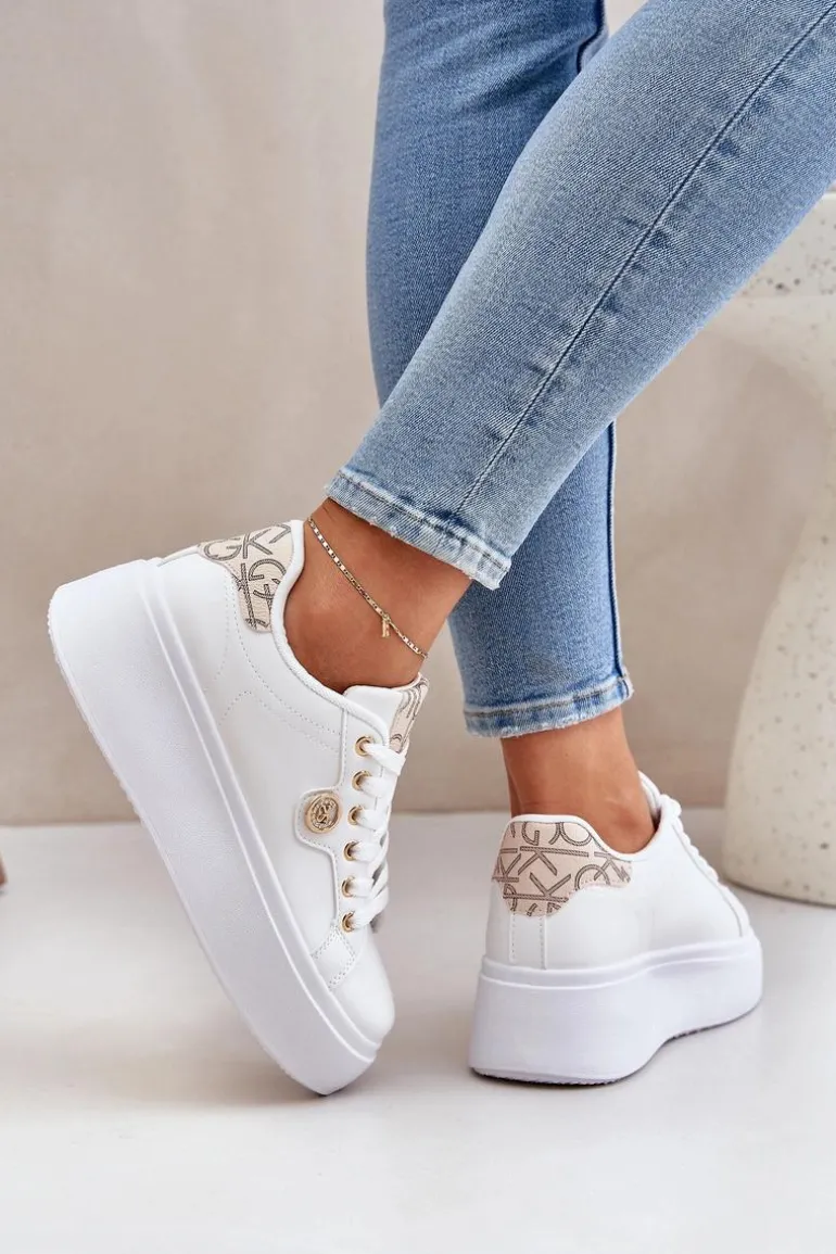 Eko Skórzane Sneakersy Na Platformie Ze Złotym Detalem Biało-Beżowe Zingie