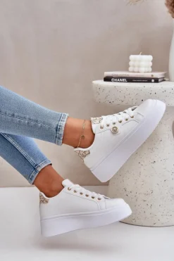 Eko Skórzane Sneakersy Na Platformie Ze Złotym Detalem Biało-Beżowe Zingie