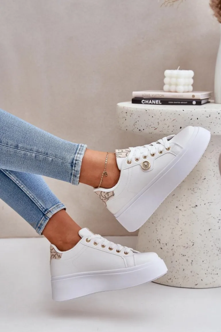 Eko Skórzane Sneakersy Na Platformie Ze Złotym Detalem Biało-Beżowe Zingie