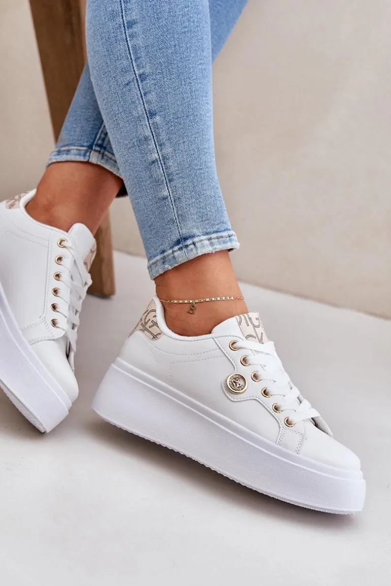 Eko Skórzane Sneakersy Na Platformie Ze Złotym Detalem Biało-Beżowe Zingie
