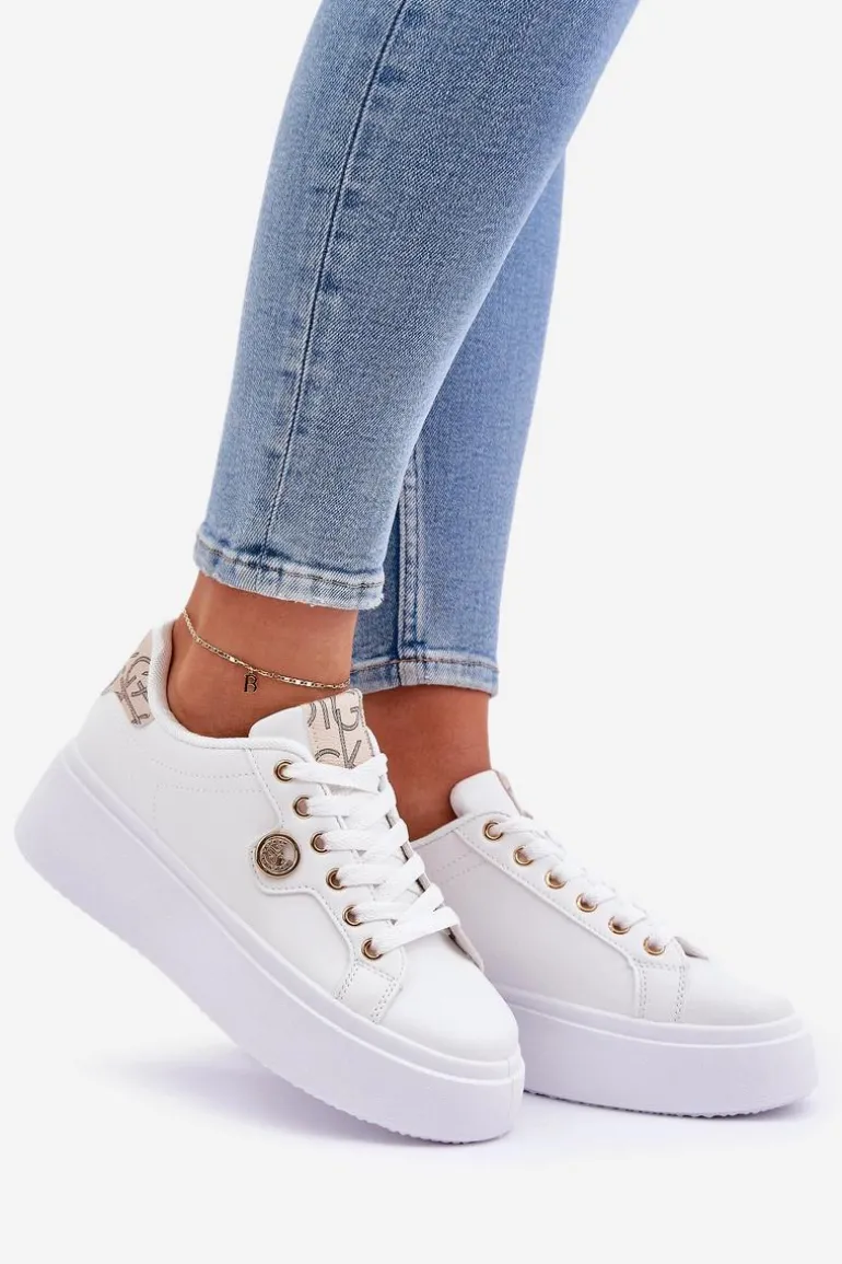 Eko Skórzane Sneakersy Na Platformie Ze Złotym Detalem Biało-Beżowe Zingie