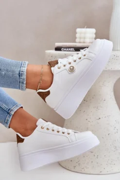 Eko Skórzane Sneakersy Na Platformie Ze Złotym Detalem Biało-Brązowe Zingie