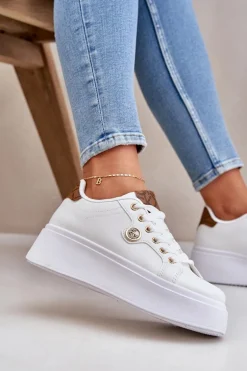 Eko Skórzane Sneakersy Na Platformie Ze Złotym Detalem Biało-Brązowe Zingie