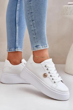 Eko Skórzane Sneakersy Na Platformie Ze Złotym Detalem Białe Zingie